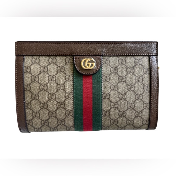 Designer Inspired Brown and Beige Clutch with Green and Red Stripe - Picture 3 of 8